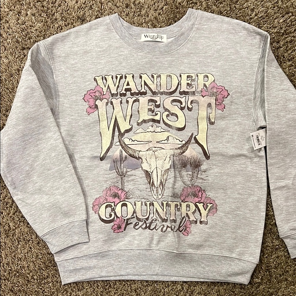 Wound Up Gray Crewneck Sweater with Western Graphic